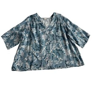 Poetry 100% Linen Watercolor Floral Blue White Swing V Neck‎ Blouse sz 14 XL